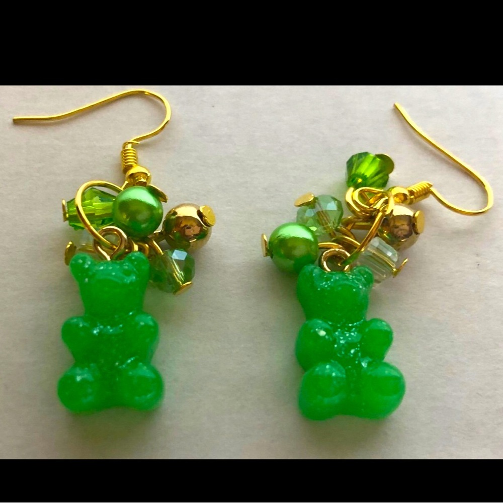 Lime Green Bear Earrings with Gold hooks